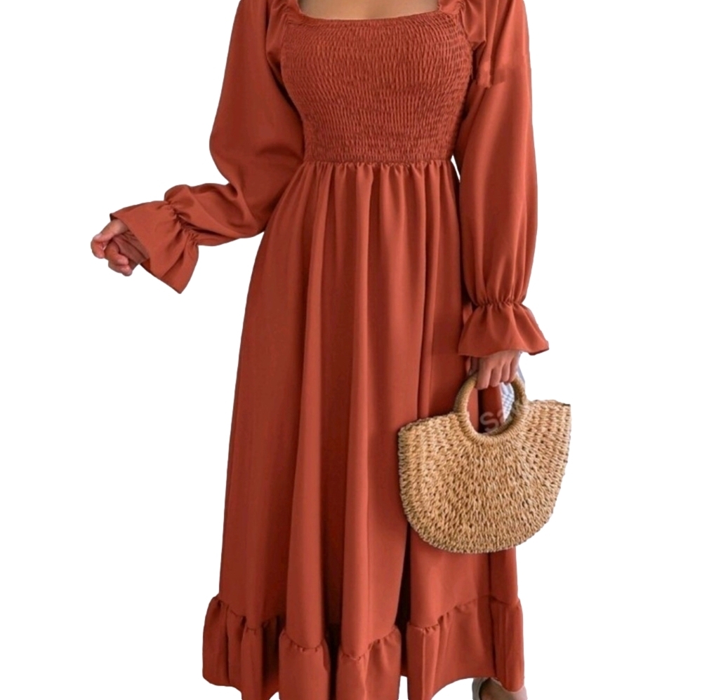 Fall Dress Square Neck Brown Terracotta Sheered Cold Weather Dresses Outfit - Picture 7 of 12
